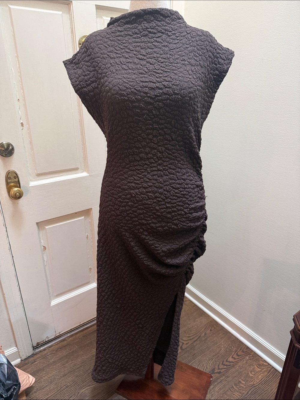 Anthropologie Chocolate Brown Textured Side-Ruched Midi Dress